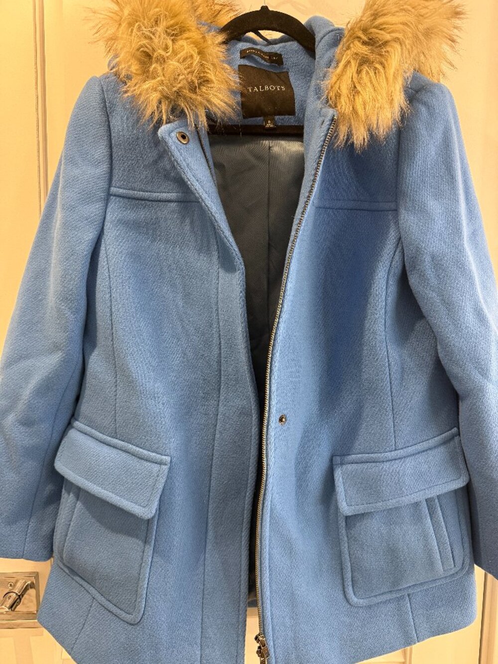 Talbots Blue Wool-Blend Hooded Coat with Faux Fur Trim | Size 8